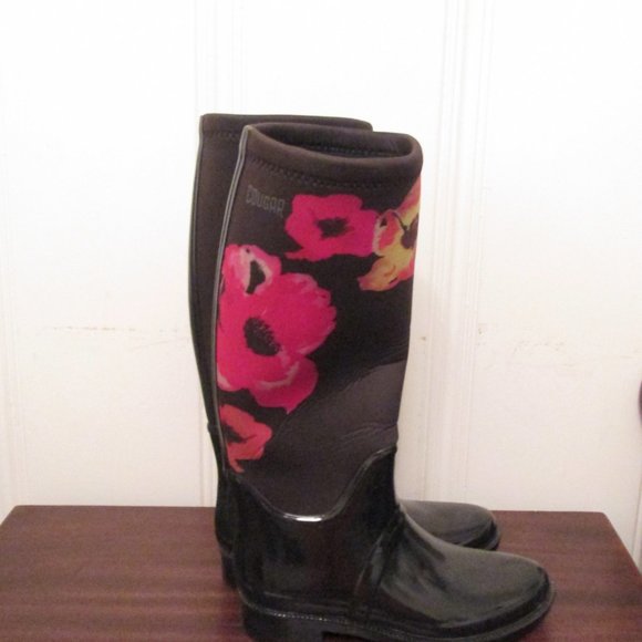 Cougar Tall Black Red Floral Rain Boots 7 Pretty! - Picture 3 of 12